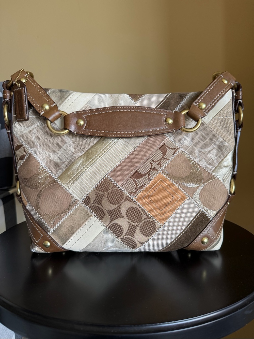 Coach Carly Patchwork Leather-Trim Shoulder Bag in Brown and Tan
